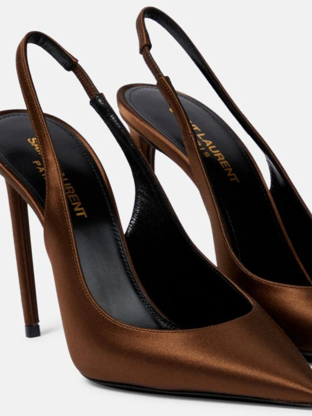 $1295 Saint Laurent YSL Zoe Pecan Brown Satin Pointed Slingback Pumps 37